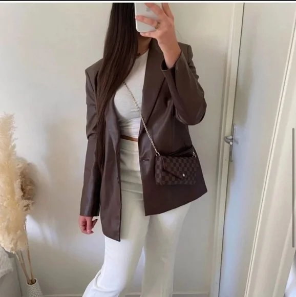 ZARA * Faux leather Oversized Straight blazer brown - Picture 12 of 15